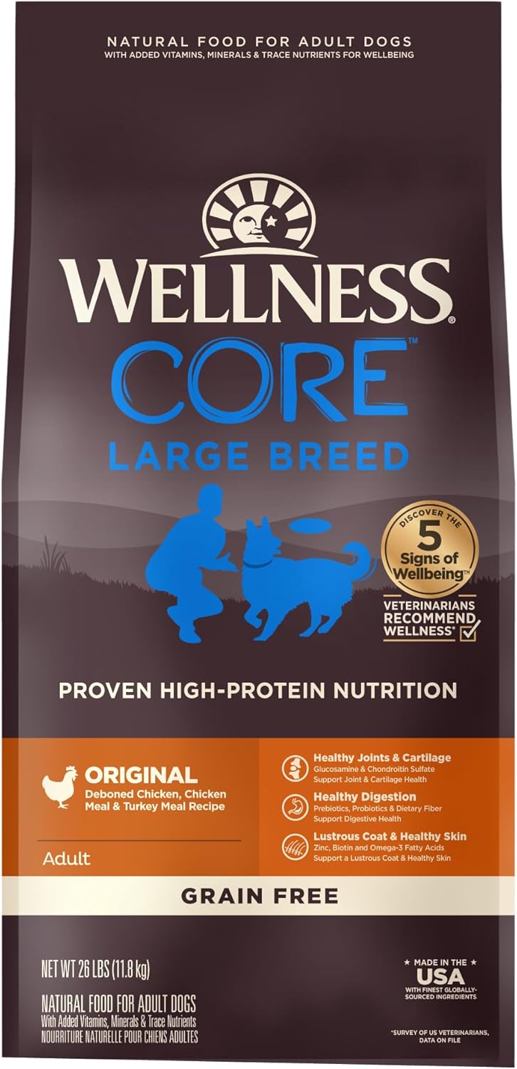 Wellness CORE Grain-Free High-Protein Large Breed Adult Dry Dog Food, Made in USA with Real Chicken & Natural Ingredients, With Glucosamine & Chondroitin to Support Joint Health (26-Pound Bag)