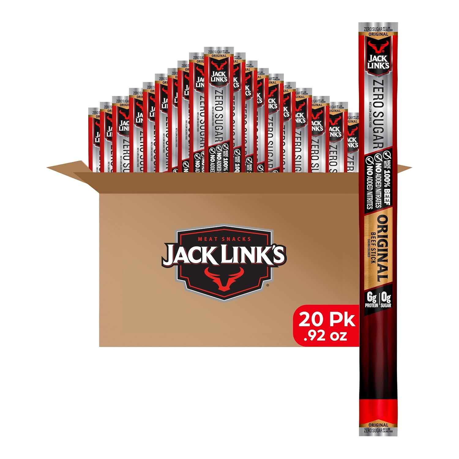 Jack Link’s Beef Sticks, Original Zero Sugar – Protein Snack, Meat Stick with 5g of Protein, Meat Snack Sticks Made with 100% Beef, Keto & Paleo Diet Friendly, Individually Wrapped – 0.92 Oz. (20 Count)