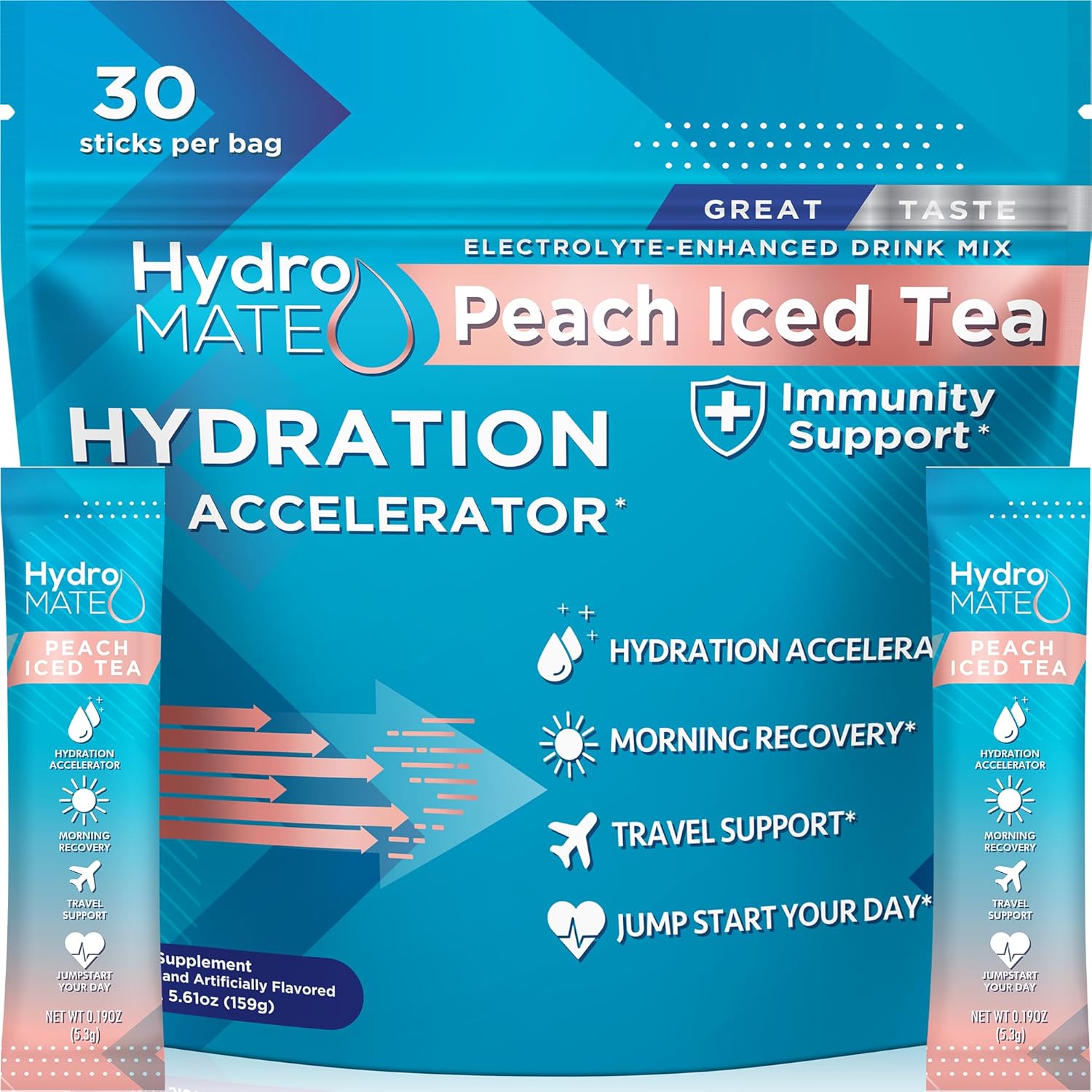 HydroMATE Electrolytes Powder Low Sugar – 30 Count Peach Tea Daily IV Instant Hydration Packets with Vitamin C to Boost Energy – Low Sugar Electrolytes Powder Packets to Support Hydration Recovery