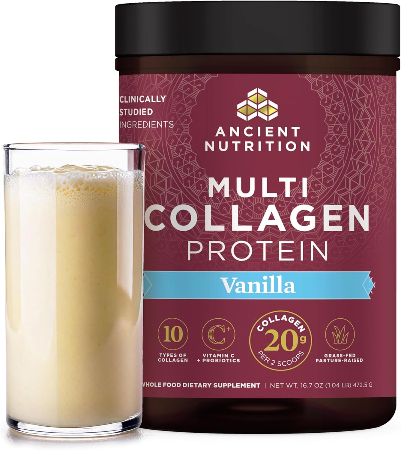 Collagen Powder Protein by Ancient Nutrition, Multi Collagen Vanilla Protein Powder, 45 Servings, with Vitamin C, Hydrolyzed Collagen Peptides Supports Skin and Nails, Gut Health, 16.7oz