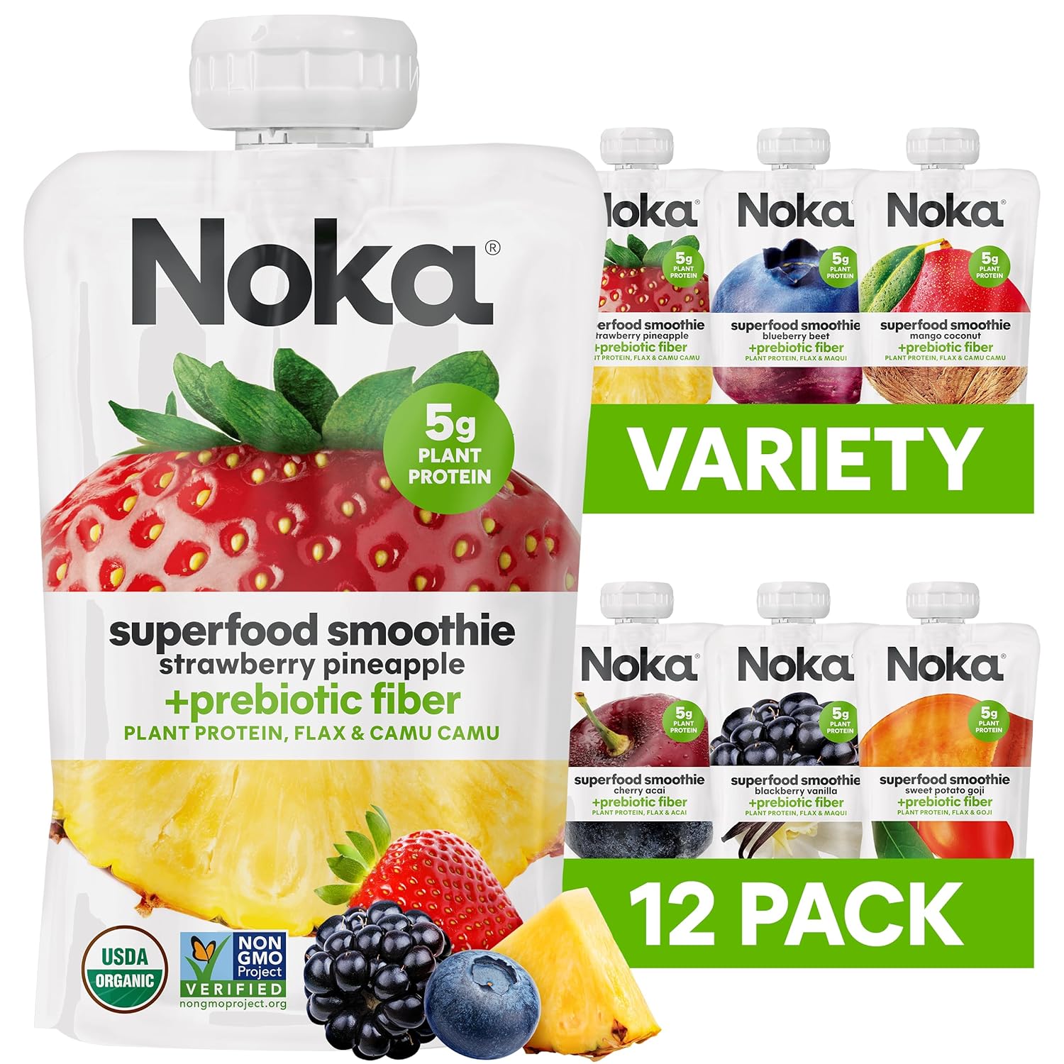 Noka Superfood Fruit Smoothie Pouches Variety Pack, Healthy Snacks with Flax Seed, Plant Protein and Prebiotic Fiber, Vegan and Gluten Free Snacks, Made in USA, Organic Squeeze Pouch, 4.22 oz, 12 Count