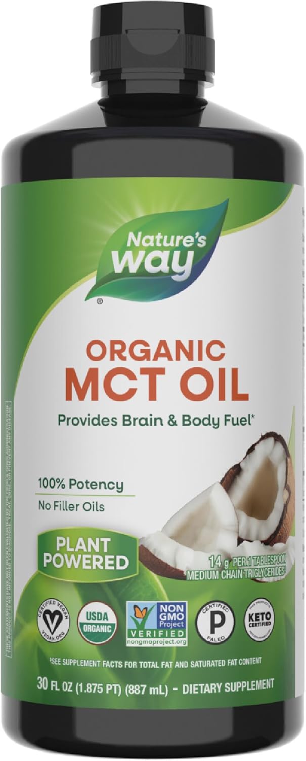 Nature’s Way Organic MCT Oil, 30 Fl Oz, Brain and Body Fuel from Coconuts*, C8 Caprylic Acid and C10 Capric Acid, Keto and Paleo Certified, Organic, Non-GMO Project Verified