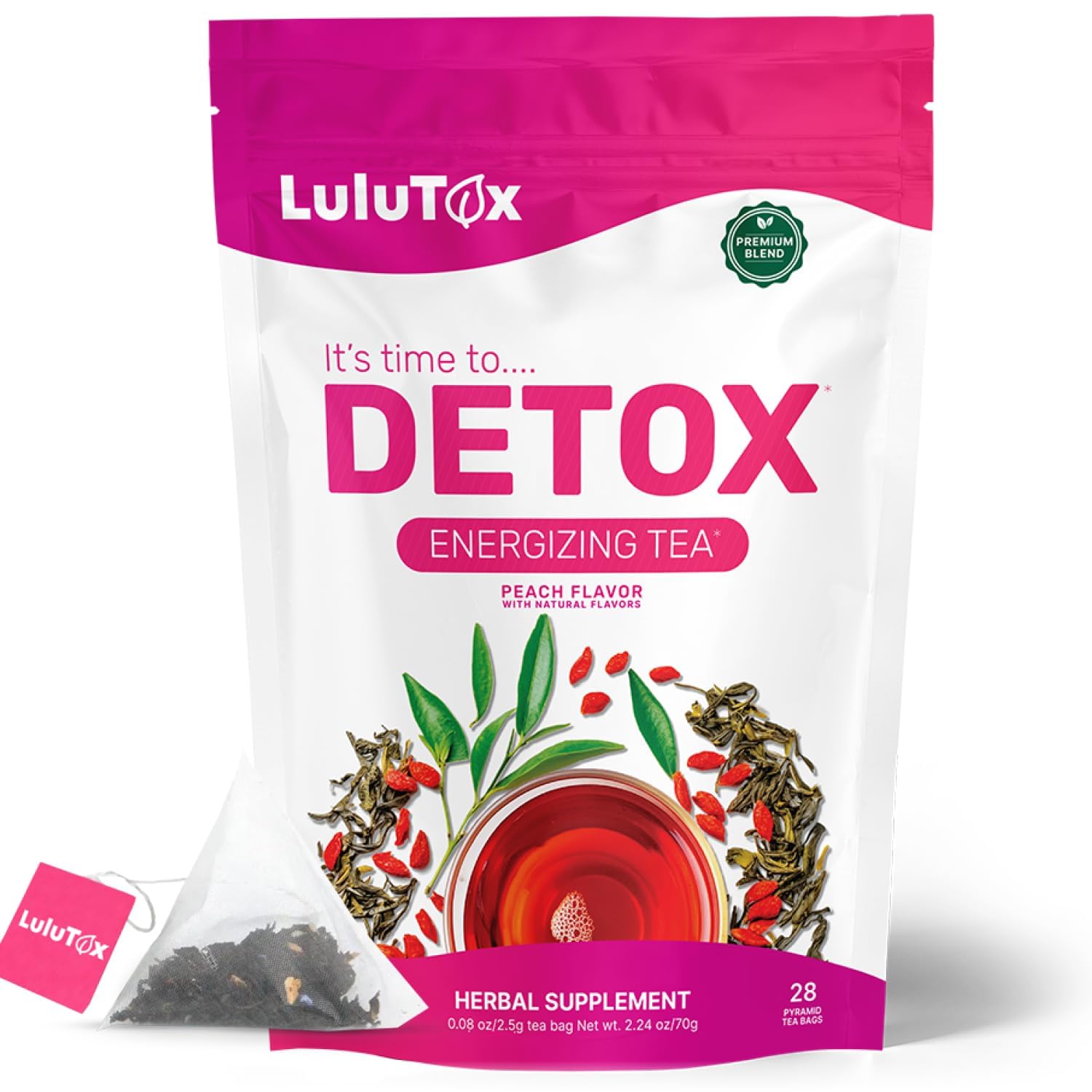 LULUTOX Detox Tea – Slimming Tea with Dandelion and Ginseng to Support Goals for Detox Cleanse, Flat Belly, Bloating, Healthy Weight and Digestive Health – Women & Men – Peach Flavor (28 Servings)