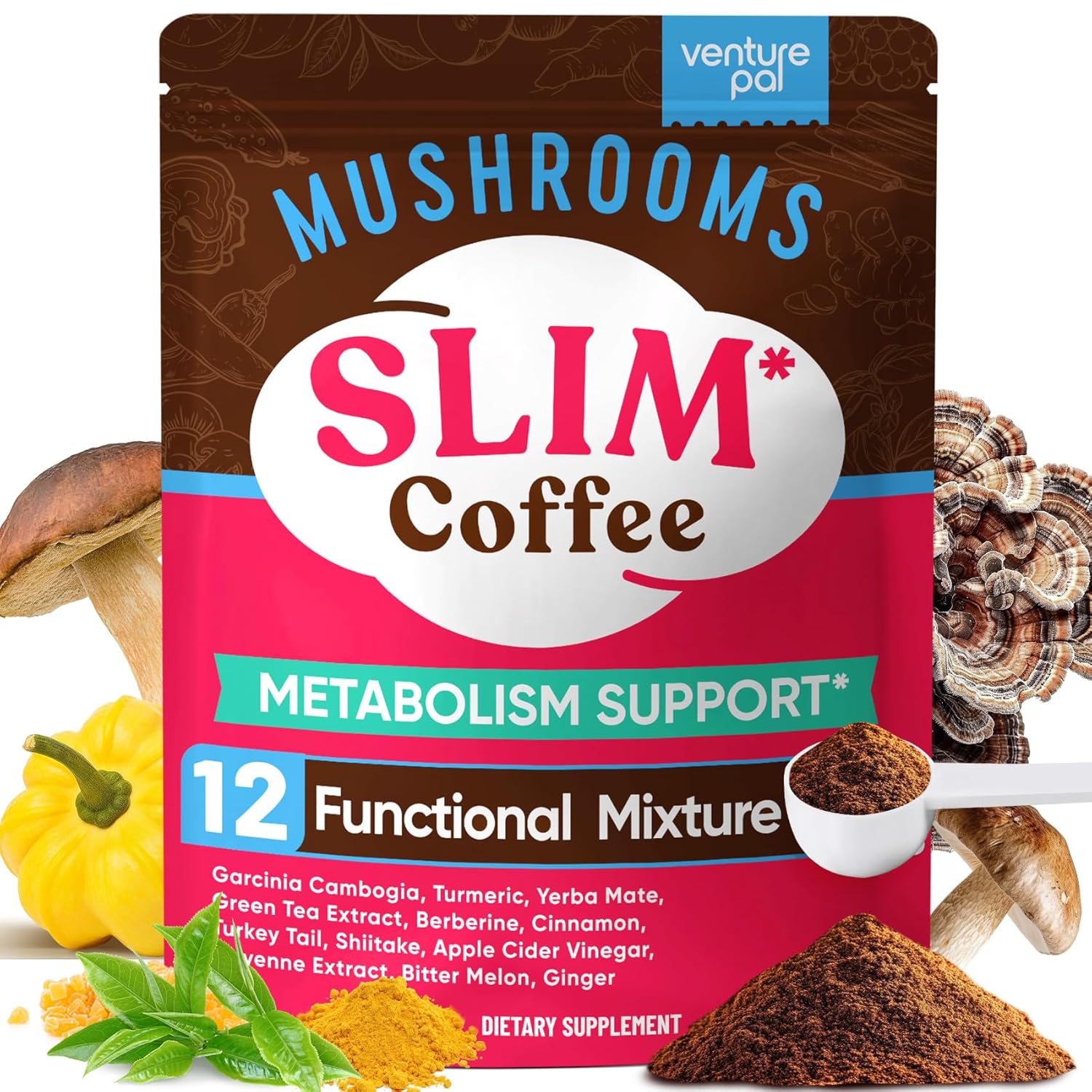 Venture Pal Slim Mushroom Coffee for Weight Loss, Instant Coffee with Berberine, Cinnamon, Yerba Mate, Turmeric, & More, 1800mg(10:1) Extract for Diet Support & Metabolism Boost – 40 Servings
