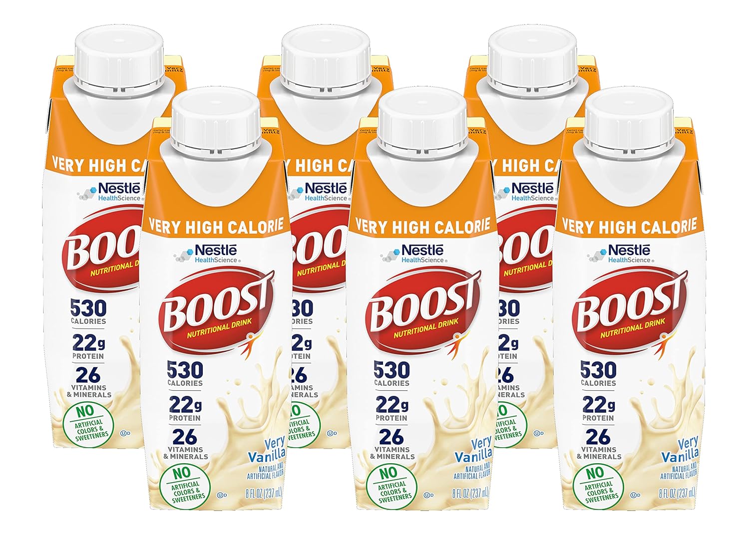 Boost Very High Calorie Nutritional Drink Very Vanilla, Made with Natural Vanilla Flavor & No Artificial Flavors, Colors & Sweeteners, 8 FL OZ (Pack of 6)