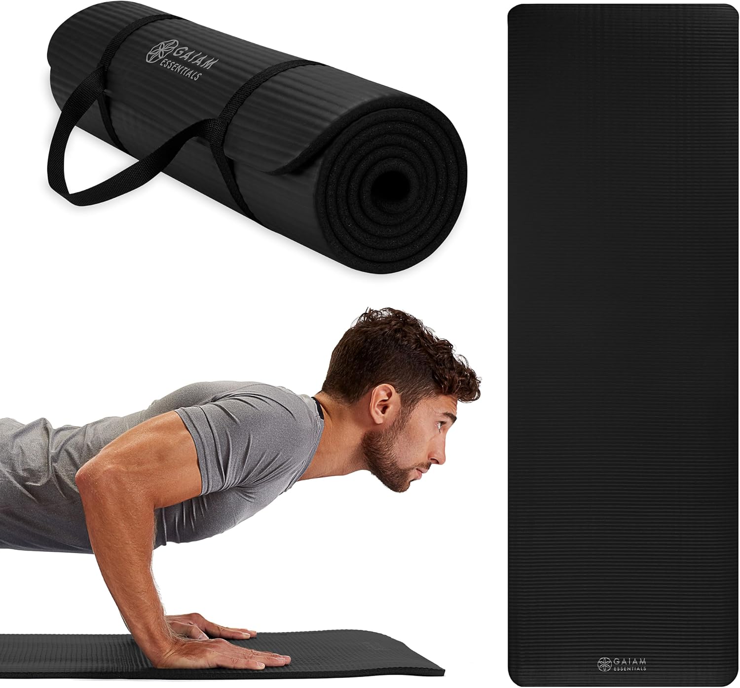 Gaiam Essentials Thick 2/5″ (10mm) and Thin 1/4″ (6mm) Yoga & Pilates, Fitness & Exercise Mat with Easy-Cinch Carrier Strap