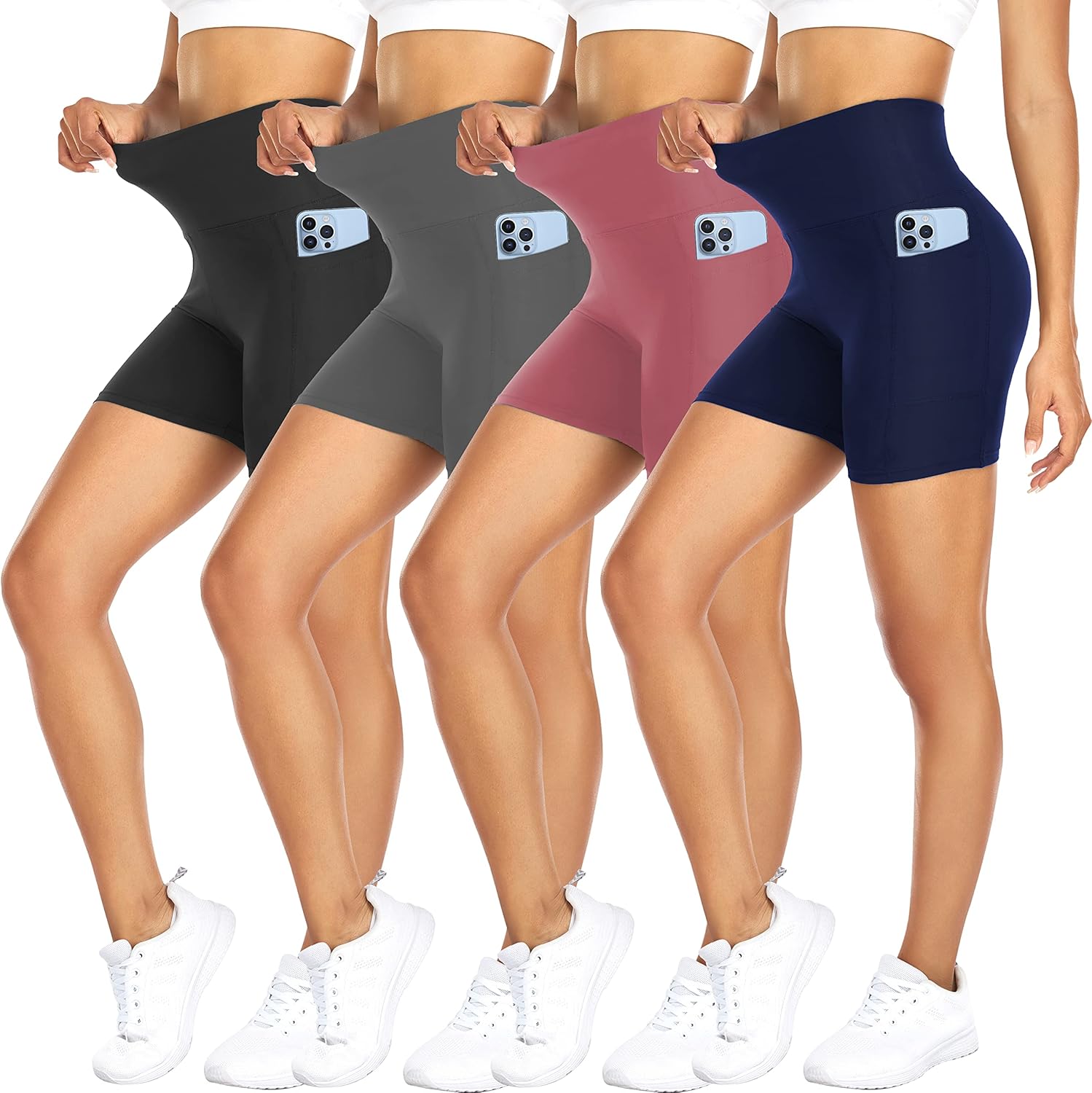 FULLSOFT 4 Pack Biker Shorts for Women with Pockets – 5″ High Waisted Tummy Control Workout Yoga Running Gym Tennis Shorts