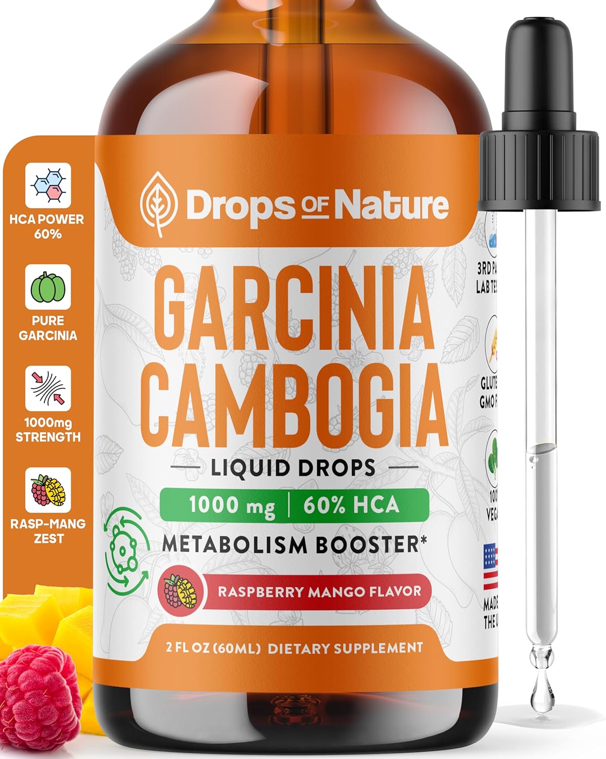 Garcinia Cambogia – Appetite Suppressant for Weight Loss – Stronger Than Pills & Capsules (60% HCA) 4X Ultra Concentrated Liquid Supplement – Carb Blocker – 2 fl. oz. Natural Raspberry Mango