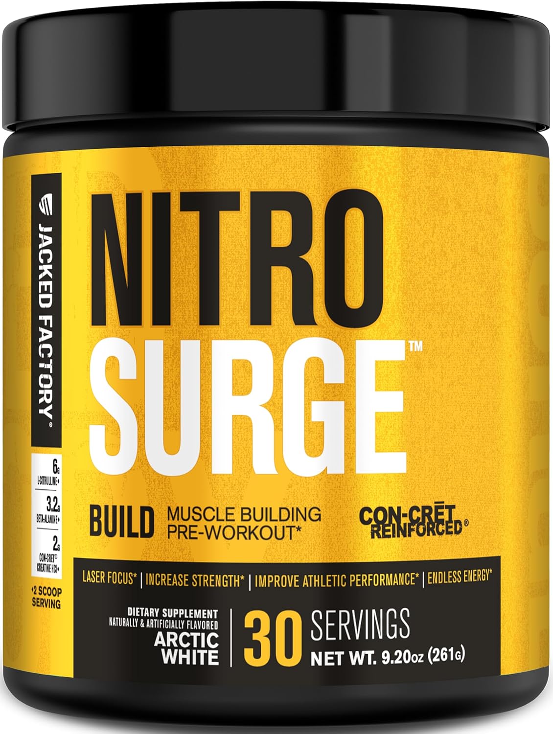 Jacked Factory Nitrosurge Build Pre Workout with Creatine for Muscle Building – Con Cret Creatine Powder & elevATP for Intense Energy, Powerful Pumps, & Endless Endurance – 30 Servings, Arctic White