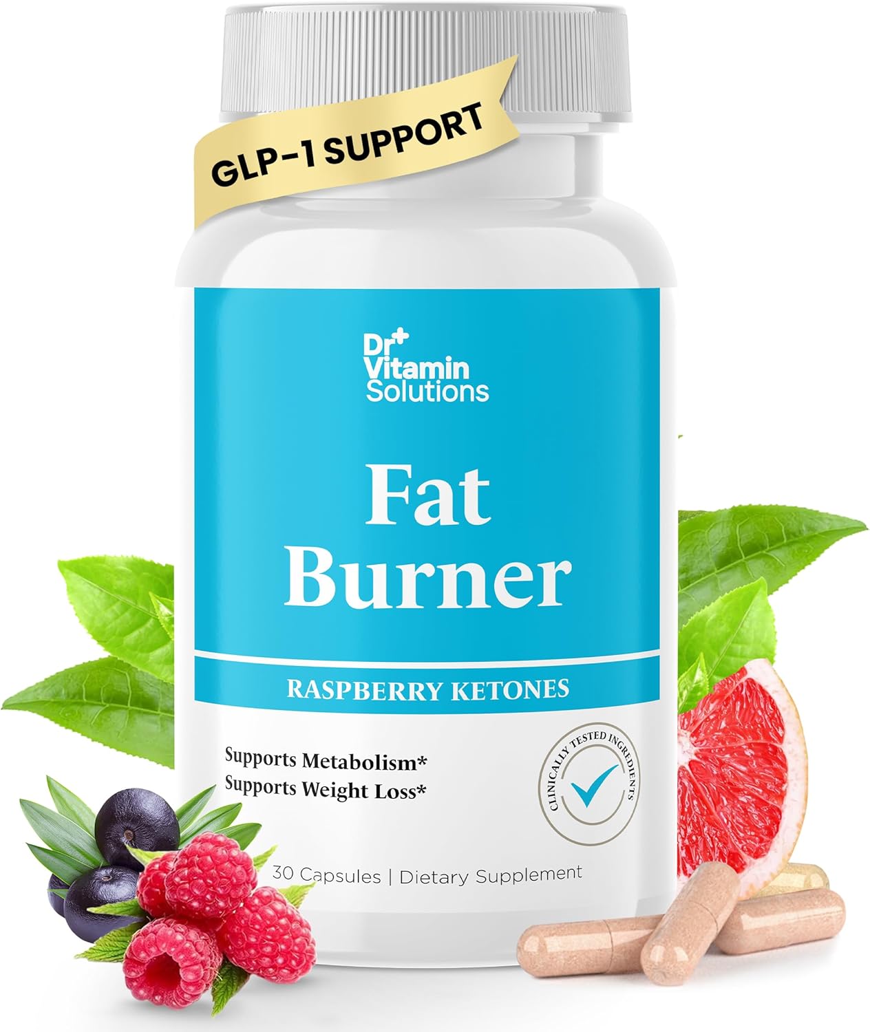 DR VITAMIN SOLUTIONS Fat Burner for Women with GLP-1 Support – Weight Loss Supplements with Raspberry Ketone Powder, Green Tea, Kelp – Natural Weight Loss Pills for Women & Men – 30 Diet Pills