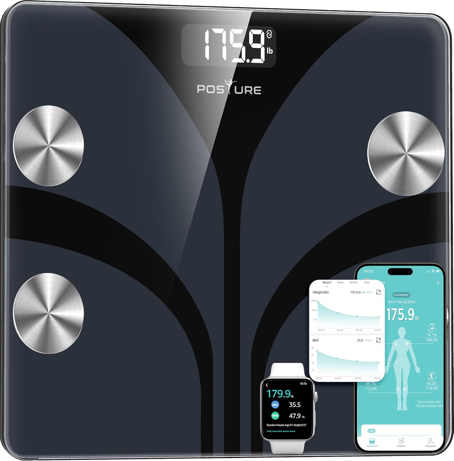Posture Scale for Body Weight, Digital Bathroom Smart Scale, 13 Body Composition Analyzer Sync Weight Scale BMI Health Monitor Sync Apps 400lbs – Black