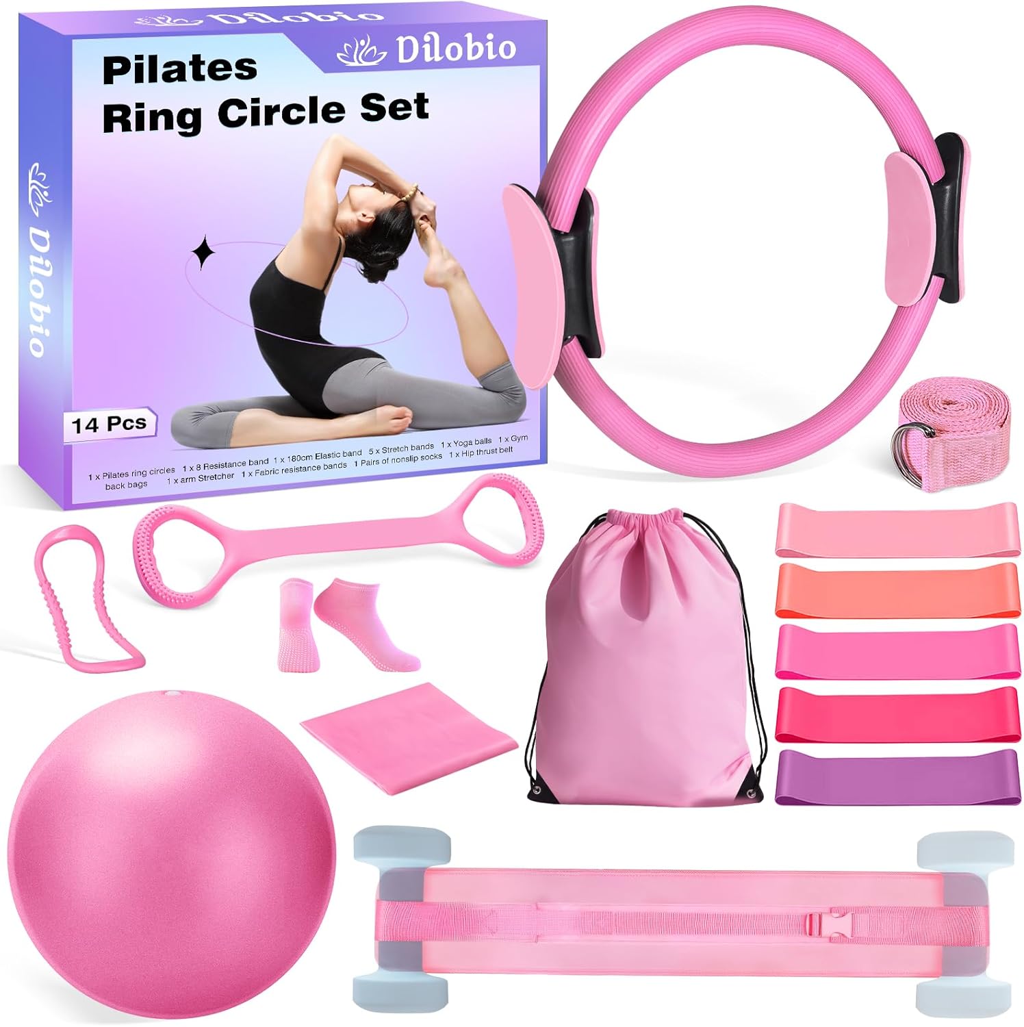 Pilates Essentials Kit for Women, Home Workout Equipment with 12” Magic Circle, Mini Ball, 5 Resistance Bands, Hip Thrust Belt & Accessories, Pilates Ring Set for Toning, Strength & Flexibility