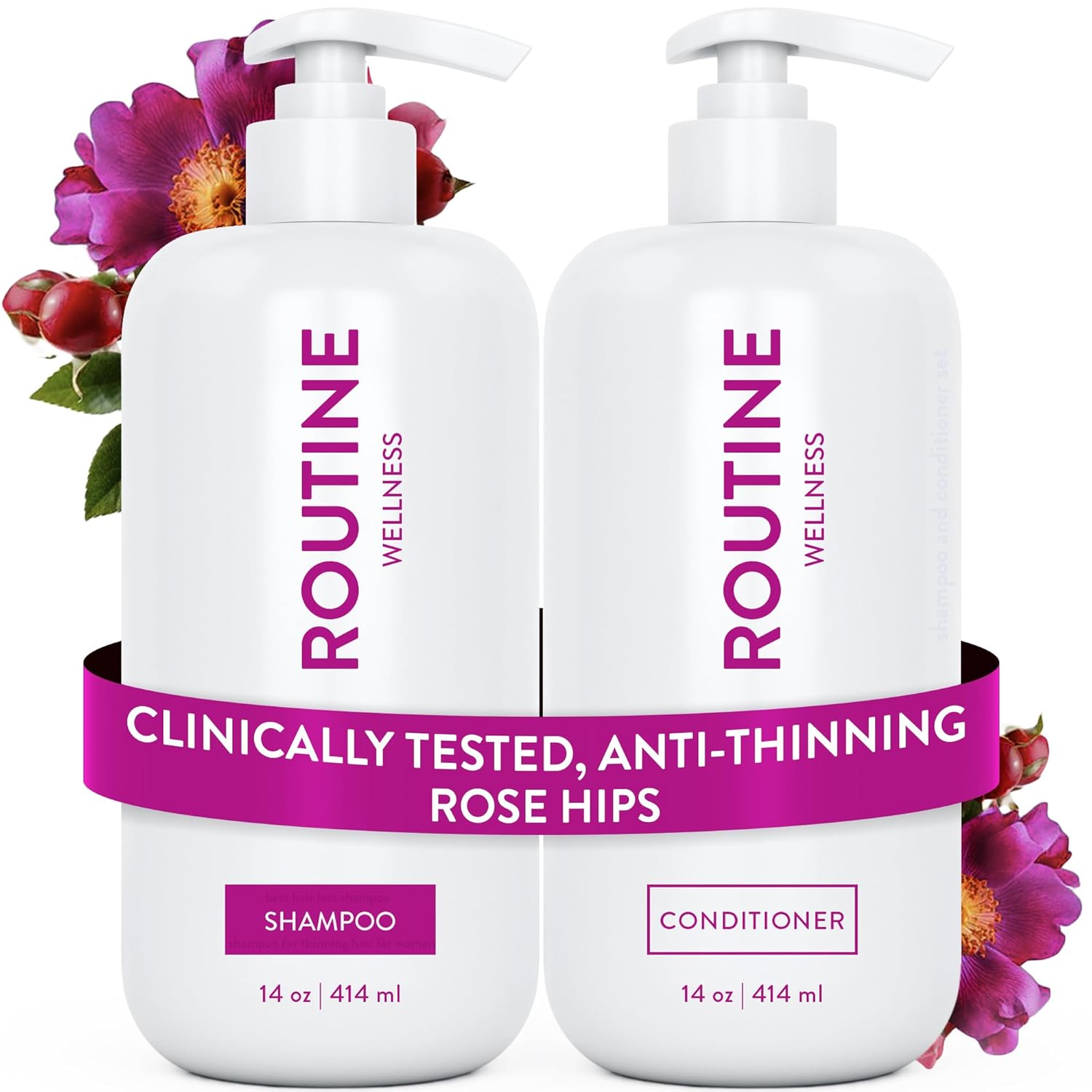 Routine Wellness Anti-Thinning Shampoo and Conditioner Set for Thinning Hair – Biotin DHT Blocker Women & Men – Color Safe Shampoo for Hair Loss & Healthier Hair – Rose Hips (Pack of 2)