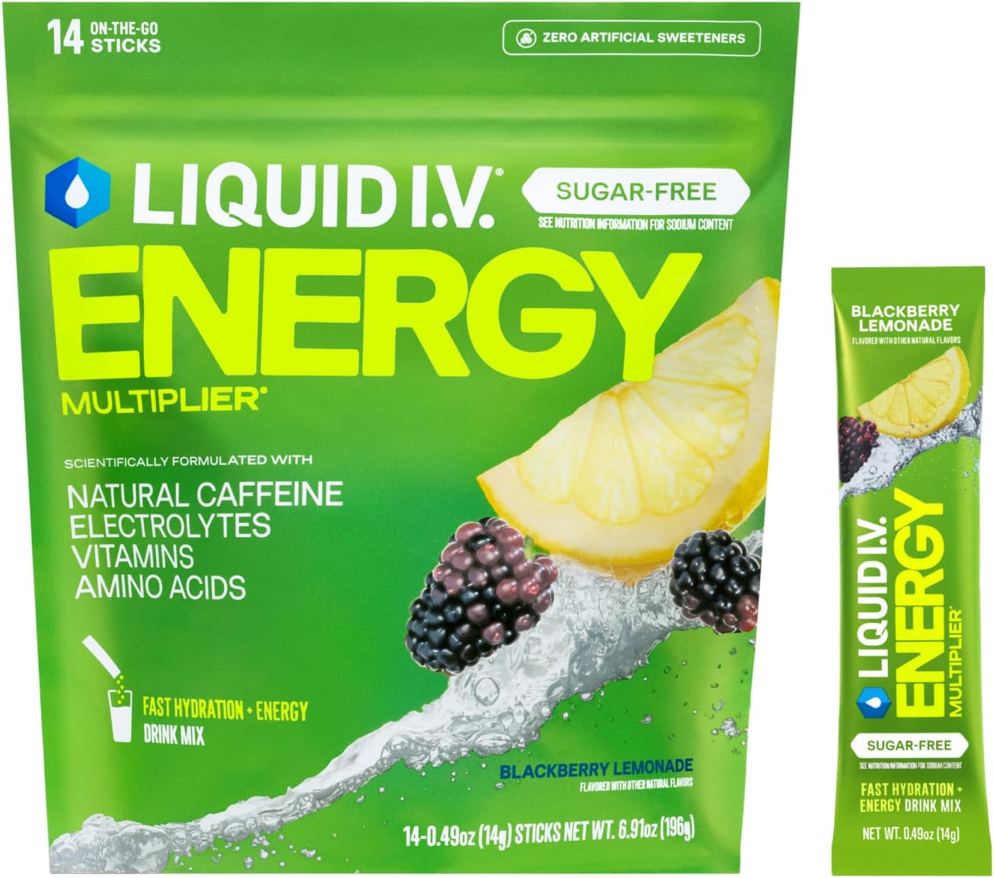 Liquid I.V.® Hydration Multiplier Sugar-Free + Energy – Blackberry Lemonade | Electrolyte Powder Drink Mix | 1 Pack (14 Servings)