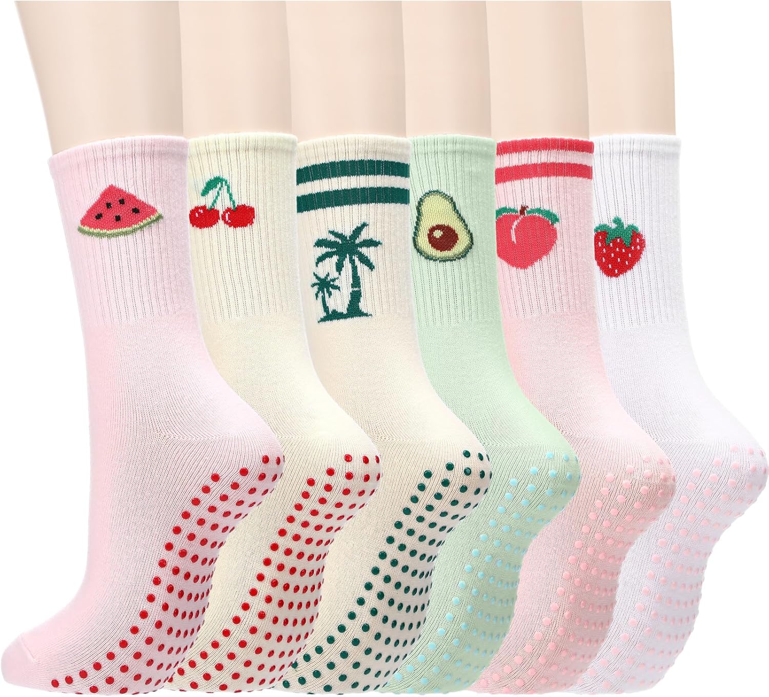 6 Pairs Cute Pilates Socks with Grip for Women Gifts Fruit Pink Yoga Non Slip Cotton Barre Crew Socks for Christmas Workout Athletic Hospital Ballet Gifts