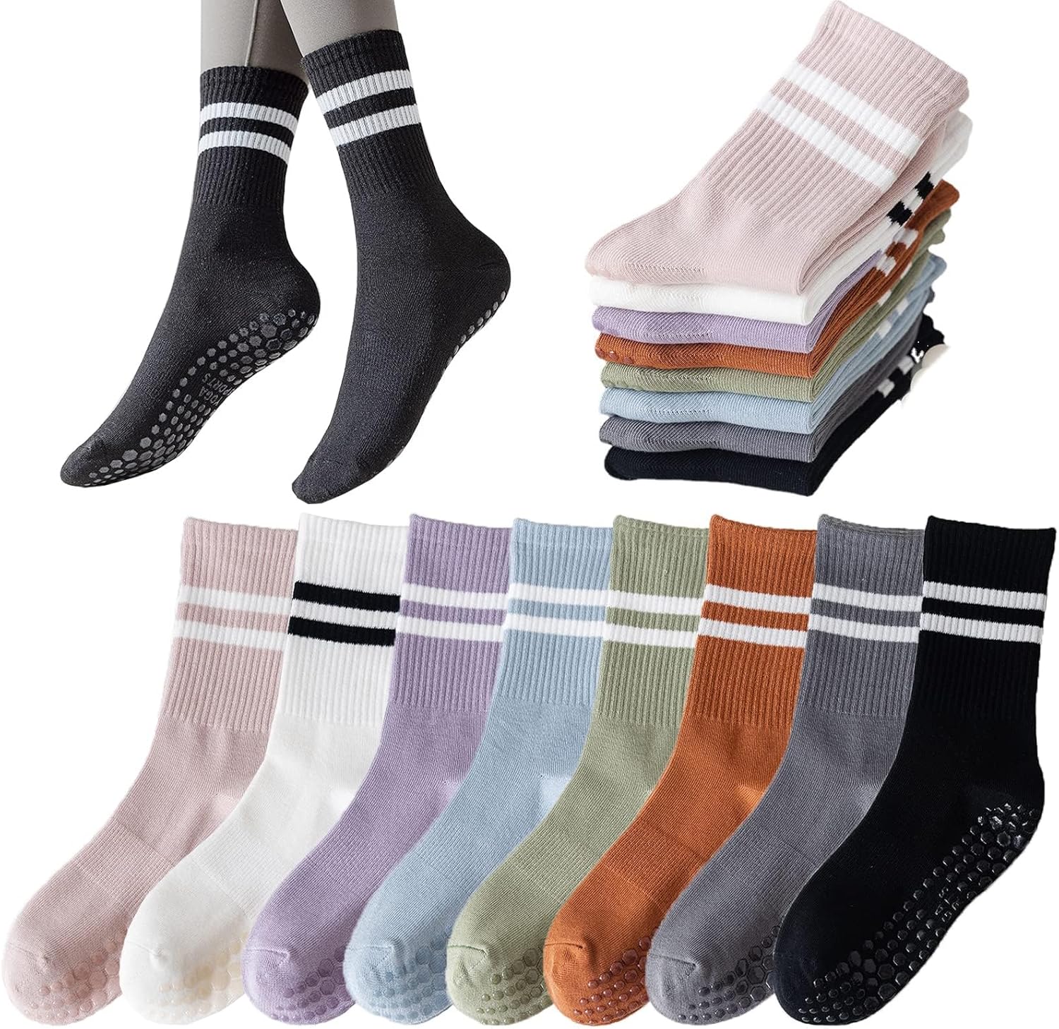 Tergy 8 Pairs Long Yoga Socks with Grip for Women Anti Skid Gripper Socks No Slip Socks for Pilates, Barre, Dance,Yoga