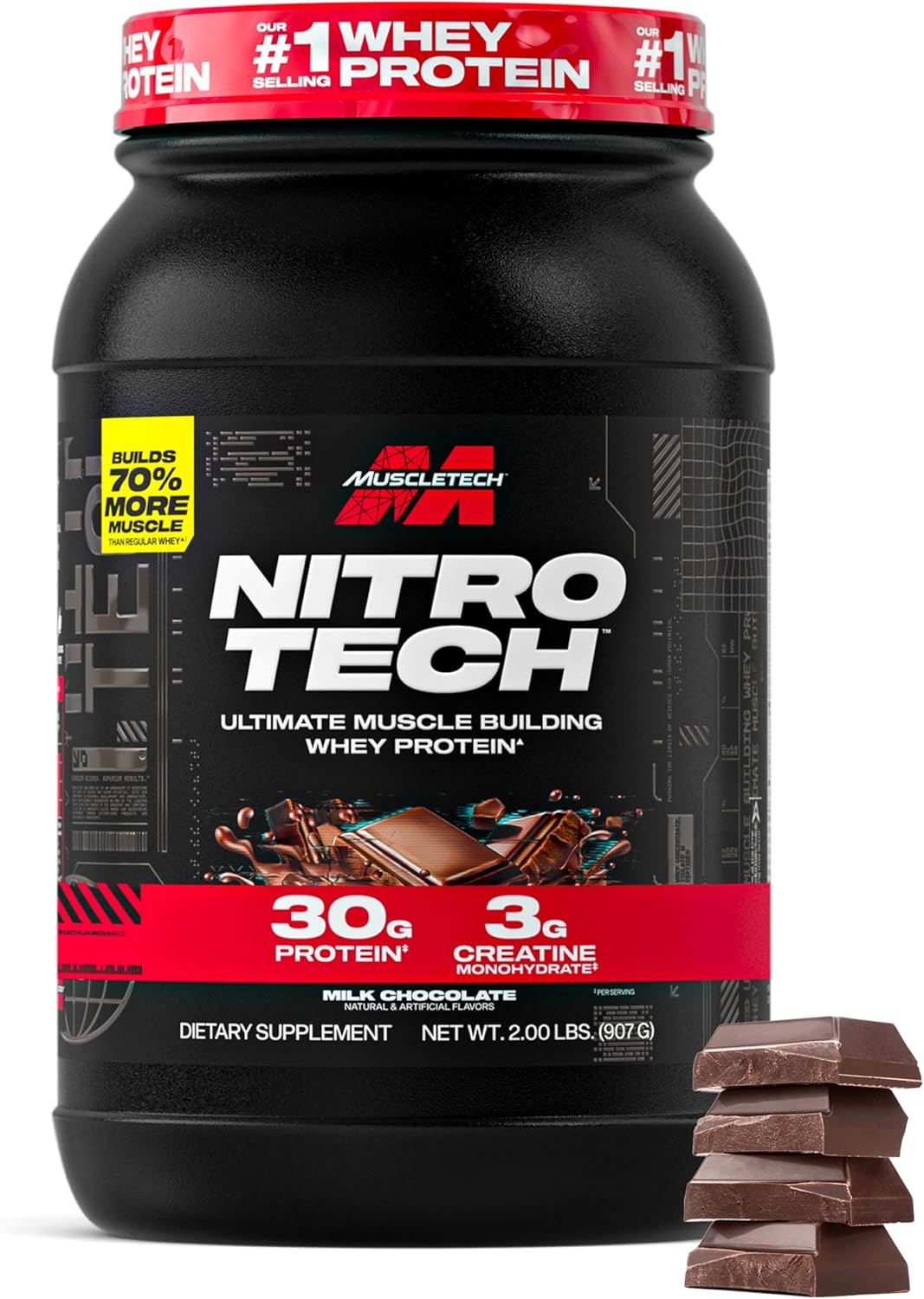 Muscletech Whey Protein Powder (Milk Chocolate, 2 Pound) – Nitro-Tech Ultimate Muscle Building Formula with Whey Protein Isolate – 30g of Protein, 3g of Creatine & 6.8g of BCAA – Packaging May Vary
