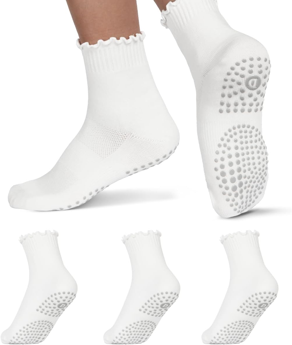 diputox Pilates Socks with Grips for Women, Non-Slip Sticky Yoga & Barre Socks, Cute Ruffle Grippy Crew Socks for Workouts