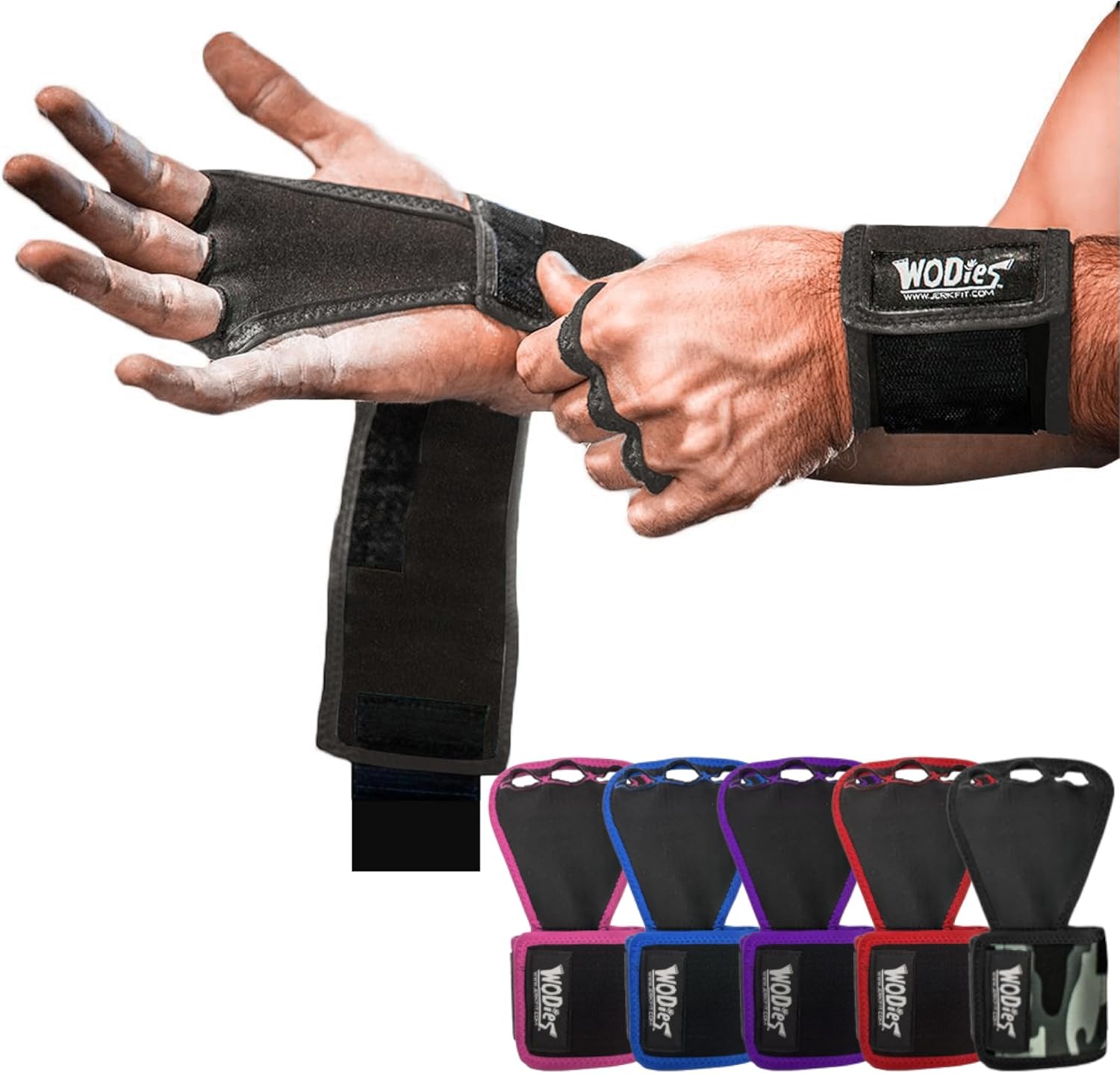 JerkFit WODies Gymnastics & Weightlifting Grips with Wrist Wraps – 3 Hole Versatile Gym Gloves for Pull Ups, Gym Training & Cross Training – Hand Grips Palm Protector for Men & Women