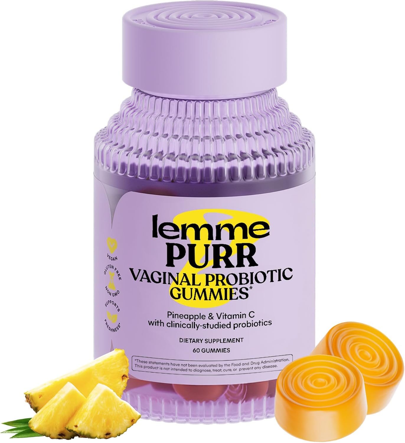 Lemme Purr Vaginal Probiotic Gummies for Women – Balanced pH, Healthy Odor, Yeast Balance & Flora Support + Vitamin C for Immune Health – Tasty Pineapple (60 Count)
