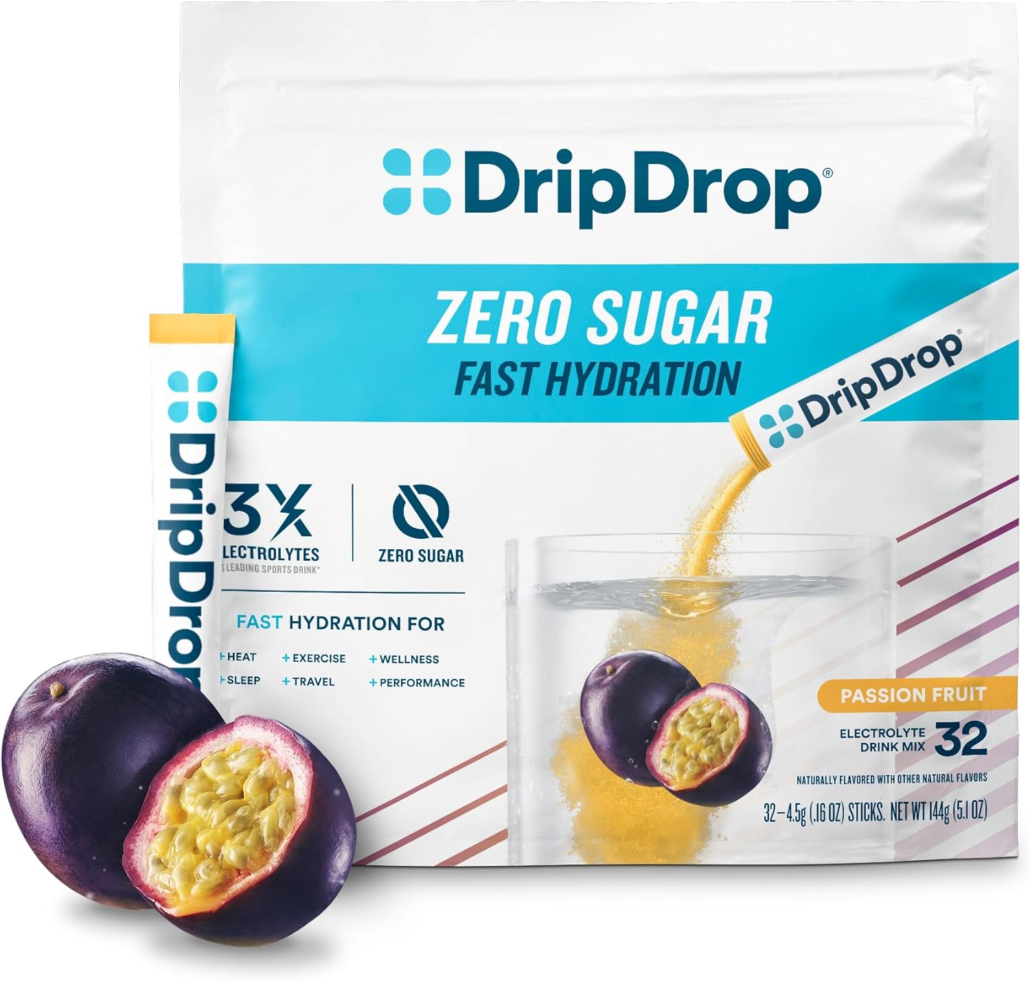 DripDrop Sugar Free Hydration Packets – Zero Passion Fruit – Single Serve Electrolytes Powder Drink Mix – Non-GMO, Gluten Free, Vegan – 32 Sticks