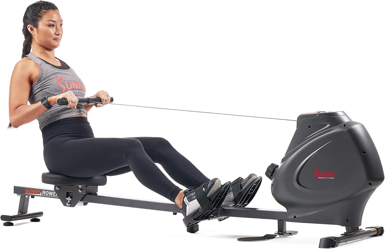 Sunny Health & Fitness Multi-Function Premium Magnetic Rowing Machine, Bicep Curls, Upward Rows, Seated Rows, Foldable Slide Rails, Digital Monitor, Optional Free SunnyFit App Connection