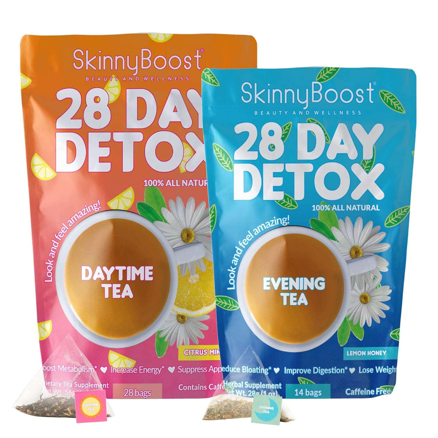 Skinny Boost Detox Tea Kit- 2 PACK –1 Daytime (28 Bags) + 1 Evening -(14 Bags) – Herbal Detox for Weight, Metabolism, Energy, Bloating & Colon Cleanse – Green Tea, Vegan, Keto, Non-GMO, Sugar-Free